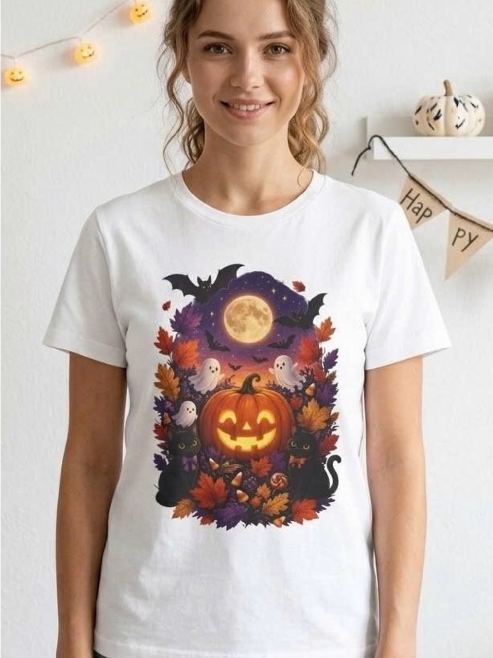 Cute Halloween Pumpkin Black Cat Ghost Graphic T-Shirt Spooky Season Fall Tee